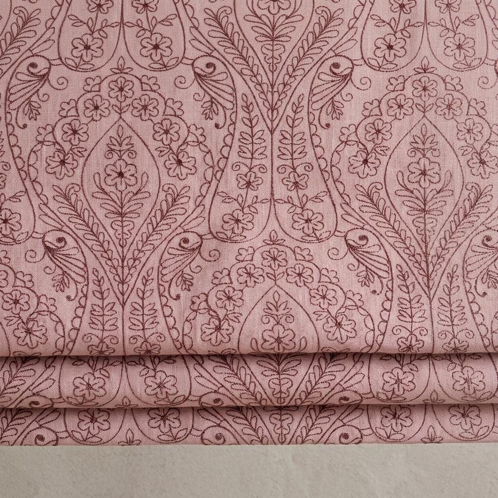 Dusty Pink Linen Roman Shade, Burgundy Embroidered Floral Paisley Blind, Custom Blackout Corded Nursery Shade — image 9