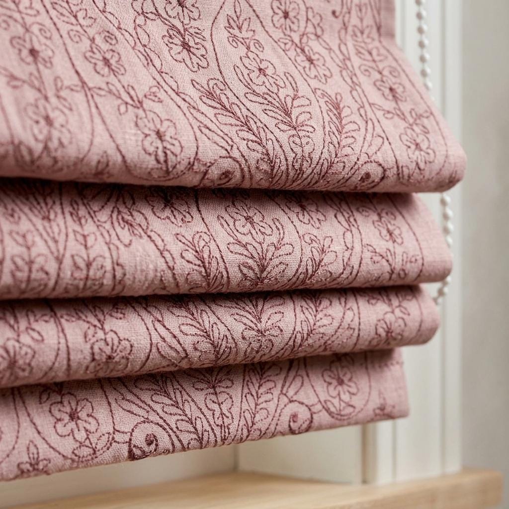 Dusty Pink Linen Roman Shade, Burgundy Embroidered Floral Paisley Blind, Custom Blackout Corded Nursery Shade — image 1