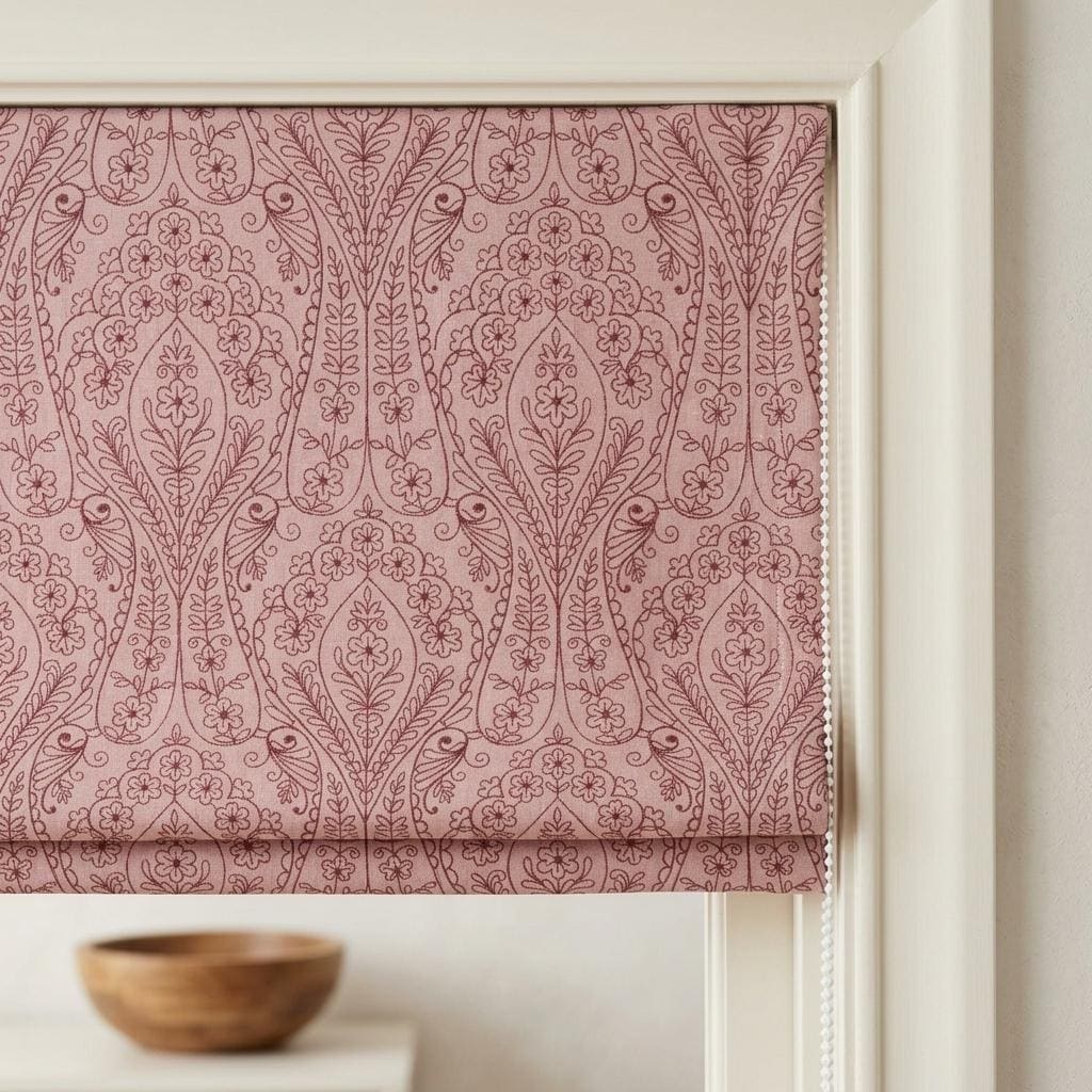 Dusty Pink Linen Roman Shade, Burgundy Embroidered Floral Paisley Blind, Custom Blackout Corded Nursery Shade — image 1
