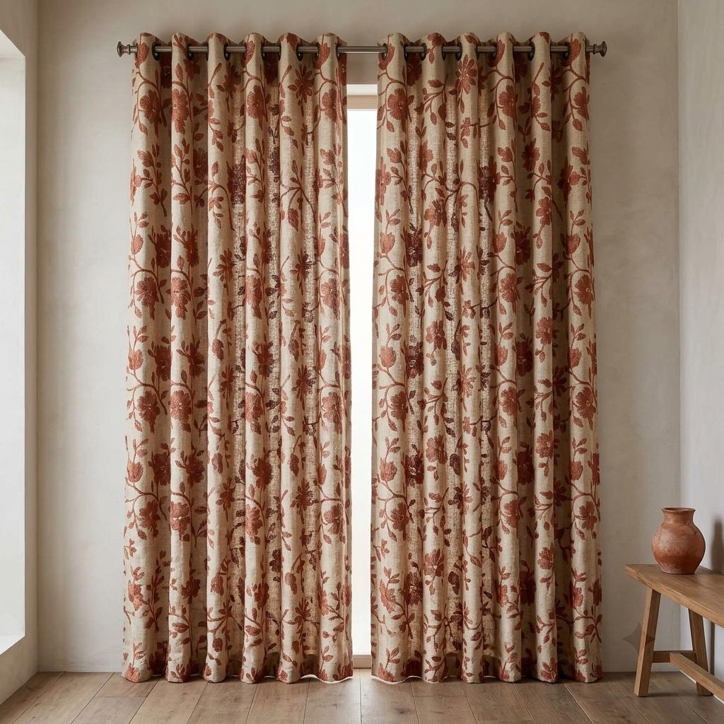 Rust Floral Linen Curtains, Natural Beige Heavy Embroidered Drapes, Custom Blackout Cafe Kitchen Living Room Panels — image 9