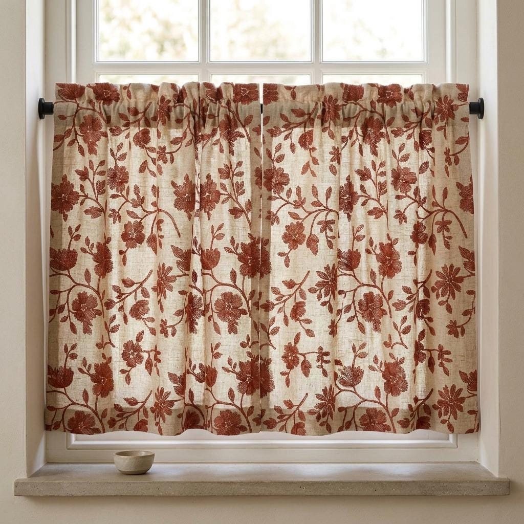 Rust Floral Linen Curtains, Natural Beige Heavy Embroidered Drapes, Custom Blackout Cafe Kitchen Living Room Panels — image 6