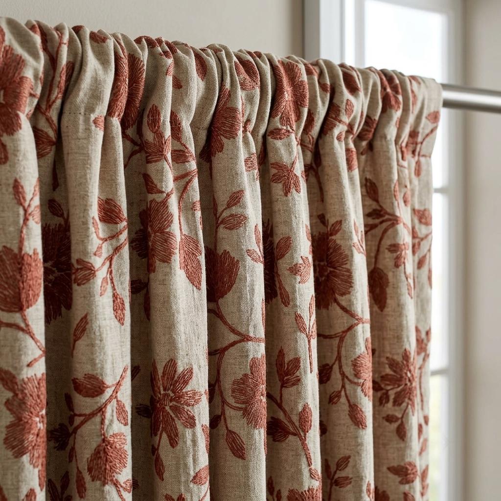 Rust Floral Linen Curtains, Natural Beige Heavy Embroidered Drapes, Custom Blackout Cafe Kitchen Living Room Panels — image 7