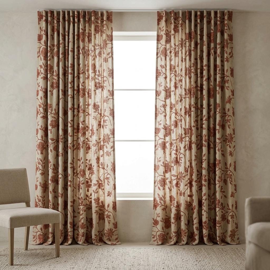 Rust Floral Linen Curtains, Natural Beige Heavy Embroidered Drapes, Custom Blackout Cafe Kitchen Living Room Panels — image 5