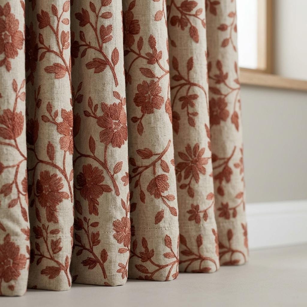 Rust Floral Linen Curtains, Natural Beige Heavy Embroidered Drapes, Custom Blackout Cafe Kitchen Living Room Panels — image 8