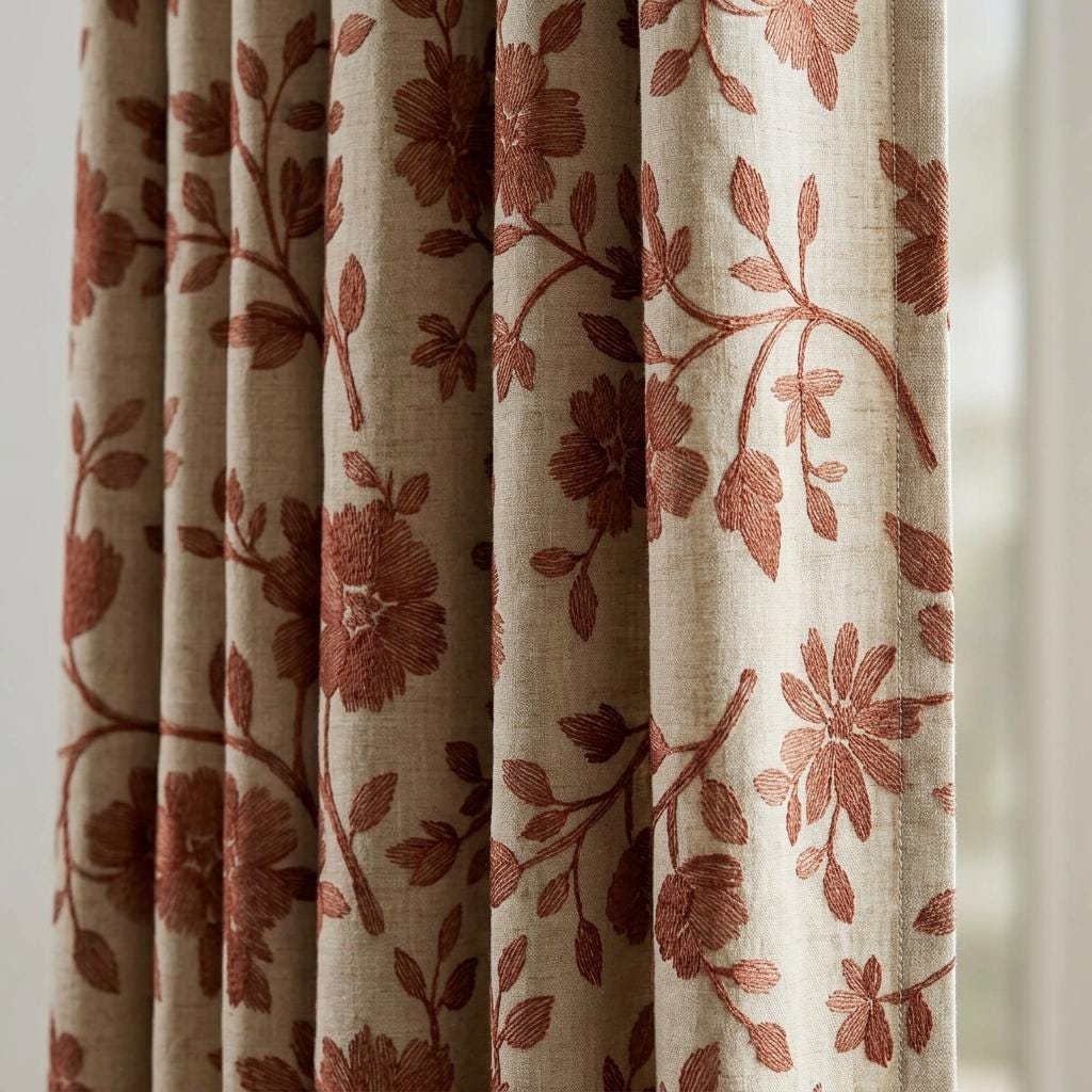 Rust Floral Linen Curtains, Natural Beige Heavy Embroidered Drapes, Custom Blackout Cafe Kitchen Living Room Panels — image 1