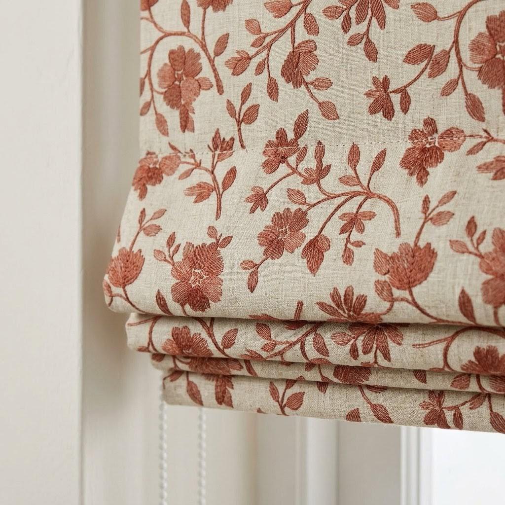 Custom Roman Shades, Beige Terracotta Floral Linen Roman Blind, Embroidered Window Treatment, Blackout or Cotton Lined — image 3