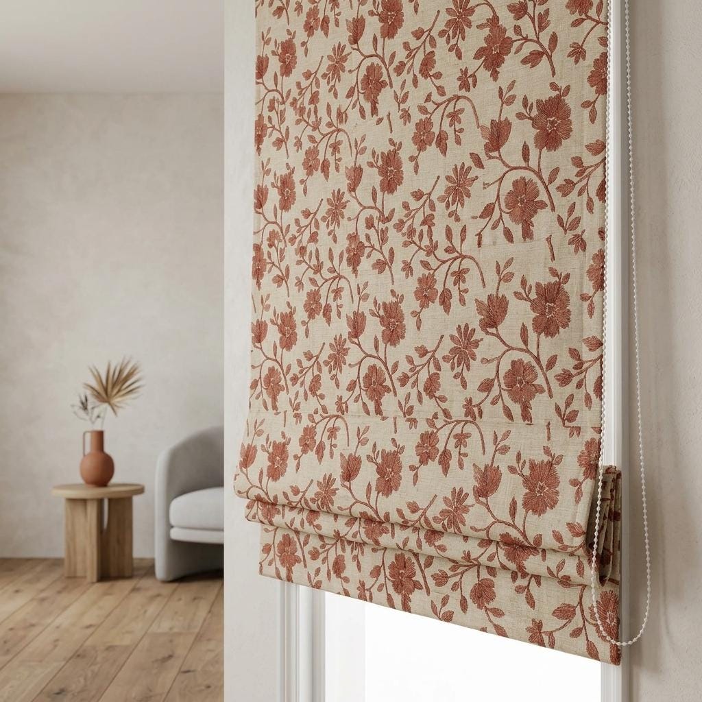 Custom Roman Shades, Beige Terracotta Floral Linen Roman Blind, Embroidered Window Treatment, Blackout or Cotton Lined — image 2