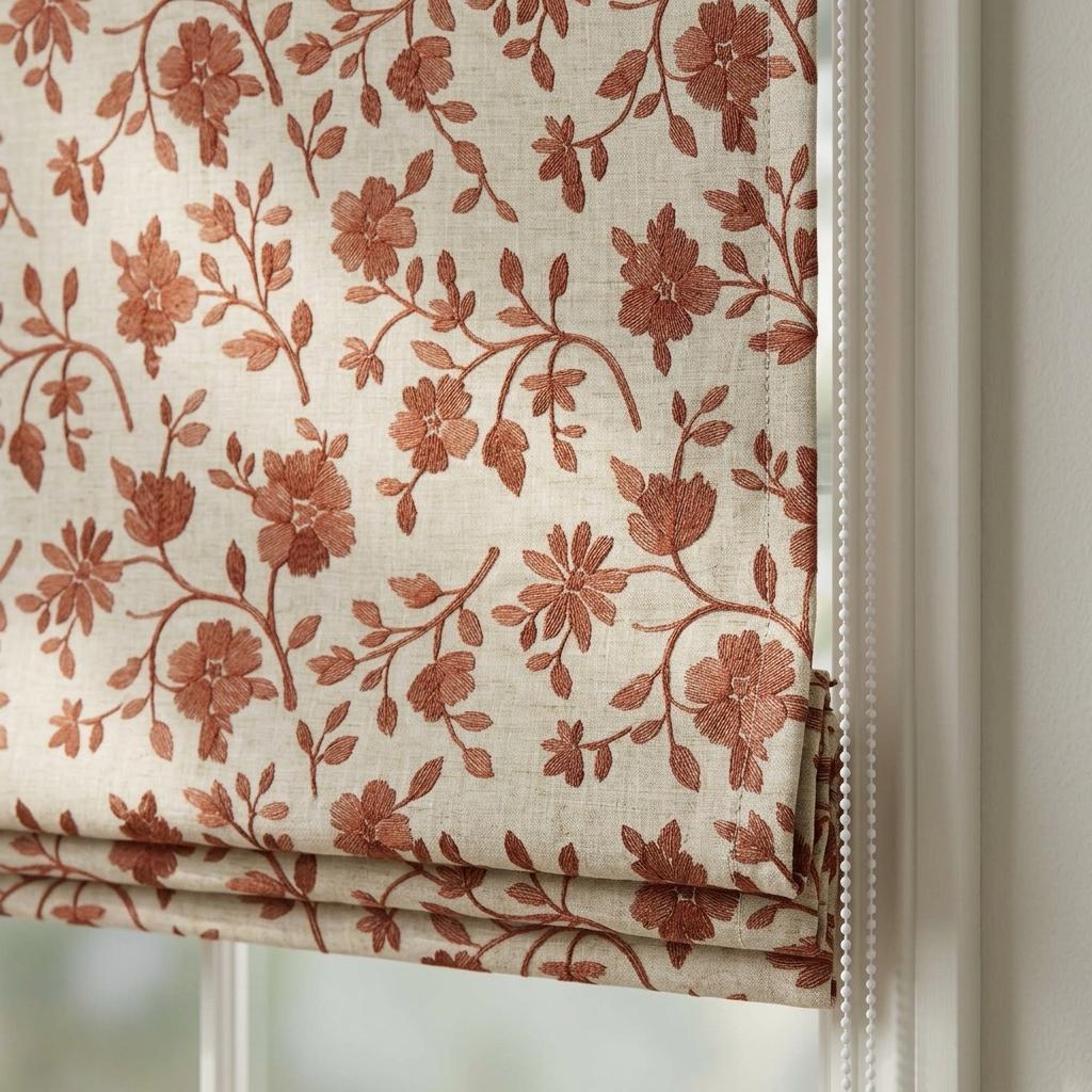 Custom Roman Shades, Beige Terracotta Floral Linen Roman Blind, Embroidered Window Treatment, Blackout or Cotton Lined — image 5