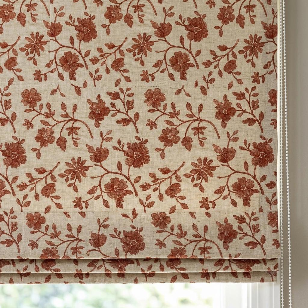 Custom Roman Shades, Beige Terracotta Floral Linen Roman Blind, Embroidered Window Treatment, Blackout or Cotton Lined — image 4