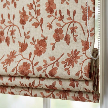 Custom Roman Shades, Beige Terracotta Floral Linen Roman Blind, Embroidered Window Treatment, Blackout or Cotton Lined — image 1