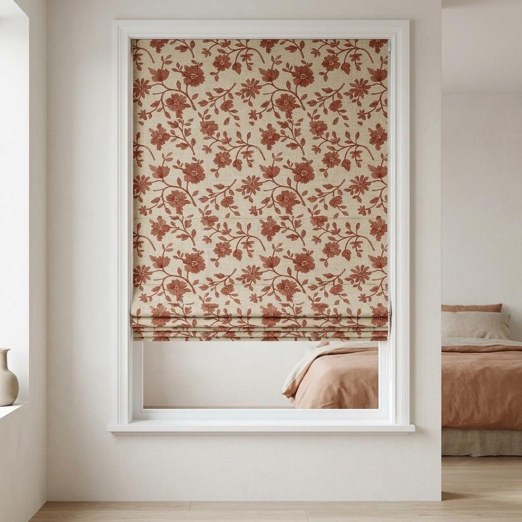 Custom Roman Shades, Beige Terracotta Floral Linen Roman Blind, Embroidered Window Treatment, Blackout or Cotton Lined — image 7