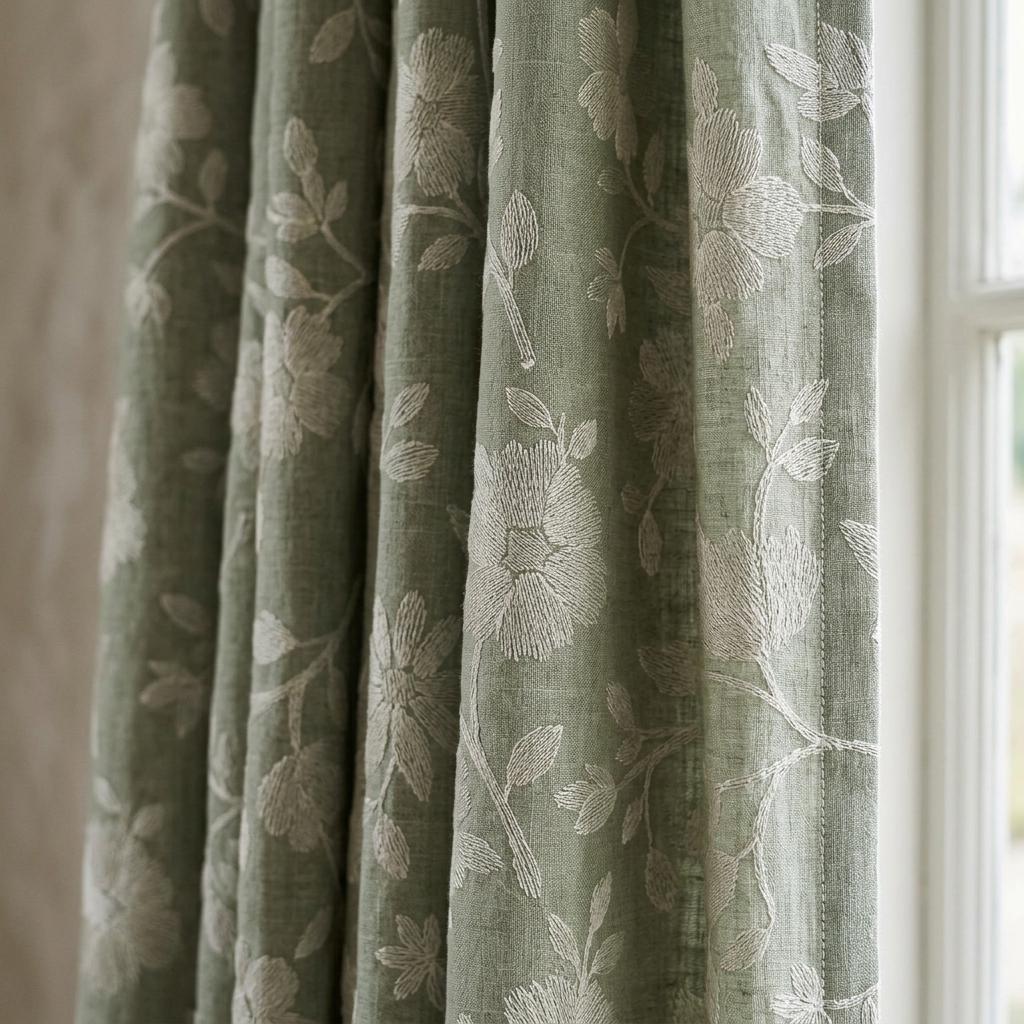 Sage Green Linen Curtains, Ivory Floral Embroidered Drapes, Custom Blackout Cafe Kitchen Living Room Panels — image 3