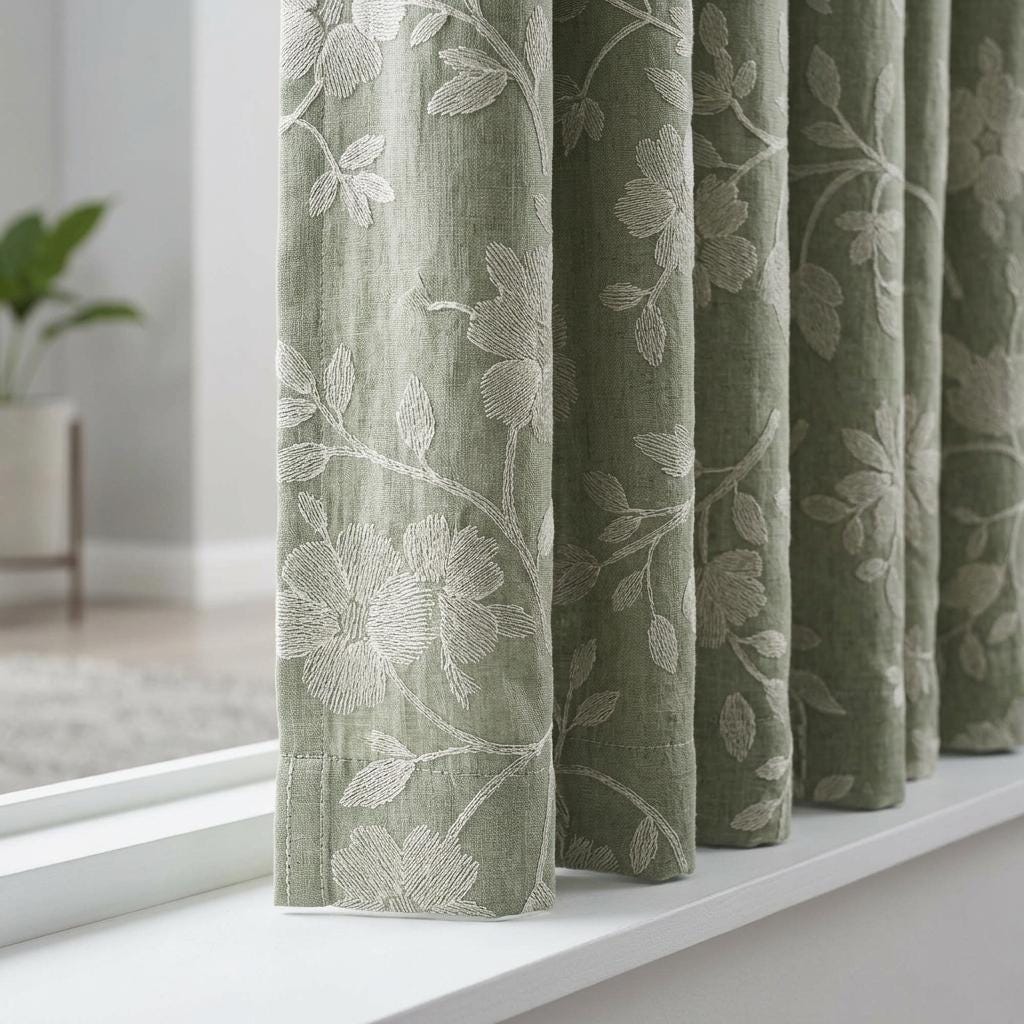 Sage Green Linen Curtains, Ivory Floral Embroidered Drapes, Custom Blackout Cafe Kitchen Living Room Panels — image 1