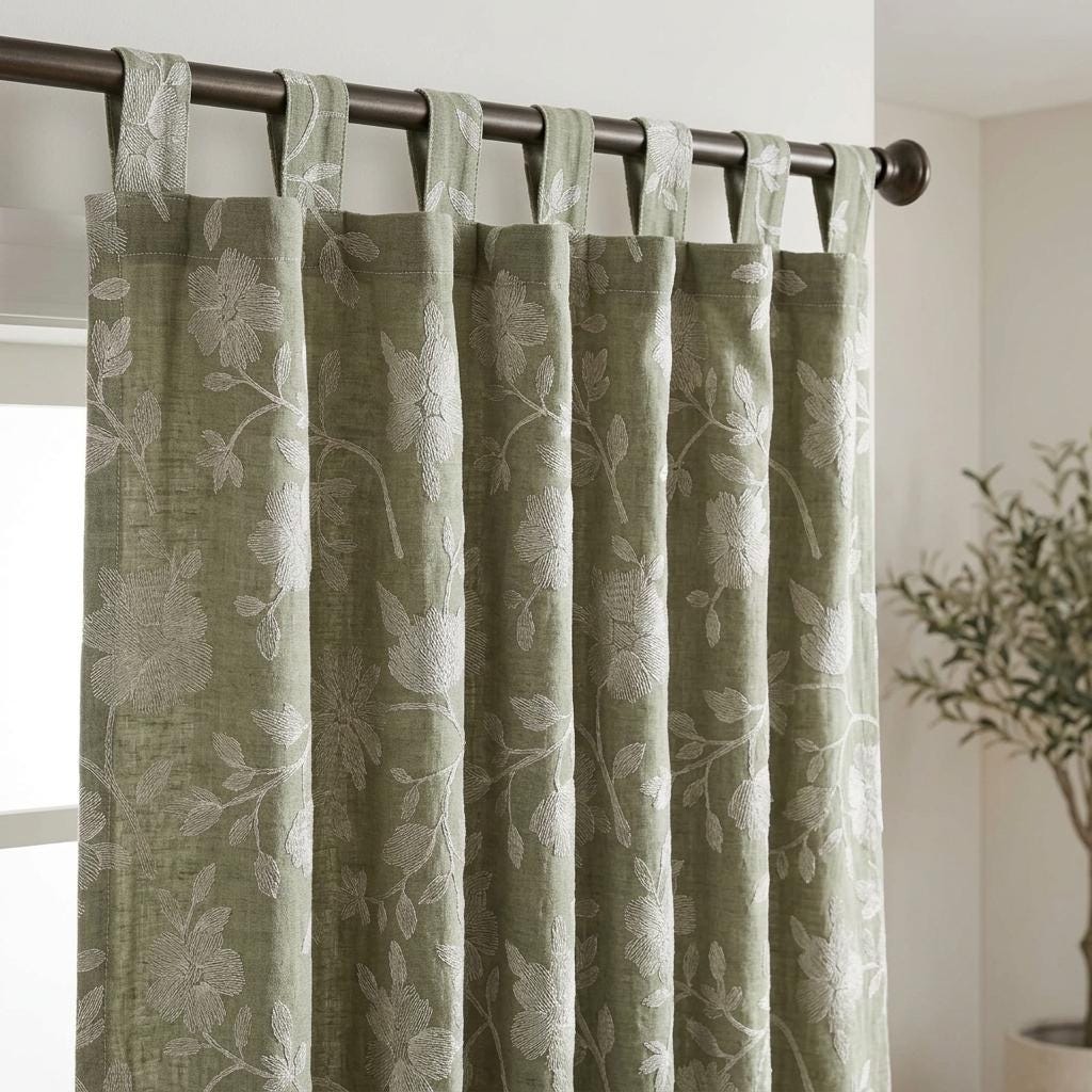 Sage Green Linen Curtains, Ivory Floral Embroidered Drapes, Custom Blackout Cafe Kitchen Living Room Panels — image 4