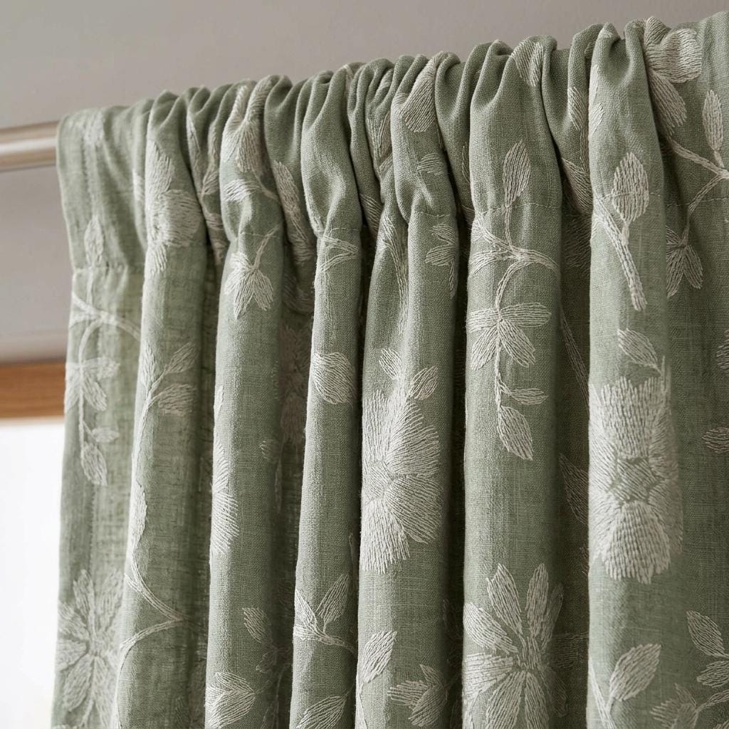 Sage Green Linen Curtains, Ivory Floral Embroidered Drapes, Custom Blackout Cafe Kitchen Living Room Panels — image 7