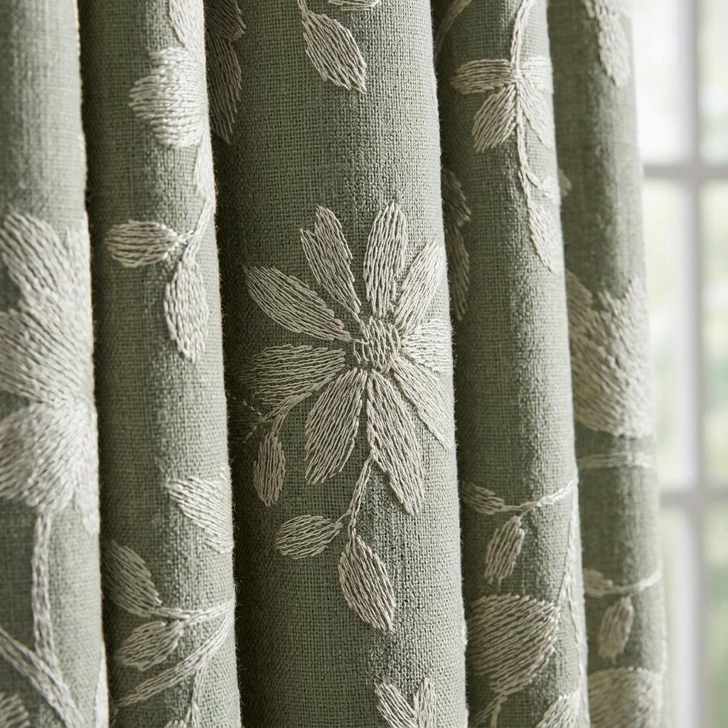 Sage Green Linen Curtains, Ivory Floral Embroidered Drapes, Custom Blackout Cafe Kitchen Living Room Panels — image 5