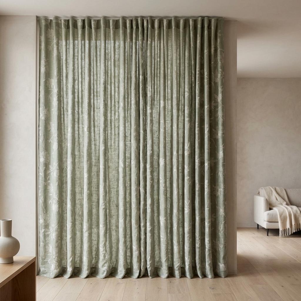 Sage Green Linen Curtains, Ivory Floral Embroidered Drapes, Custom Blackout Cafe Kitchen Living Room Panels — image 8