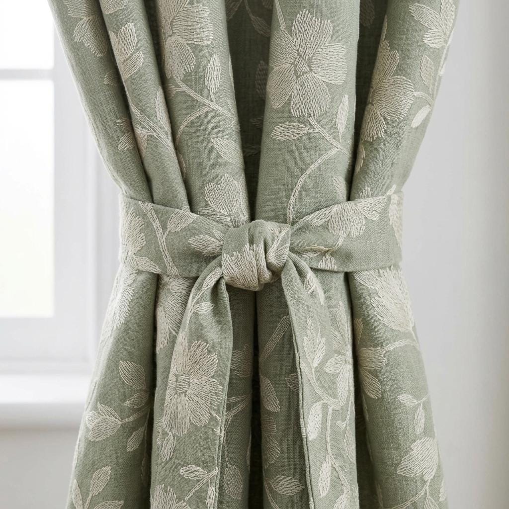 Sage Green Linen Curtains, Ivory Floral Embroidered Drapes, Custom Blackout Cafe Kitchen Living Room Panels — image 1
