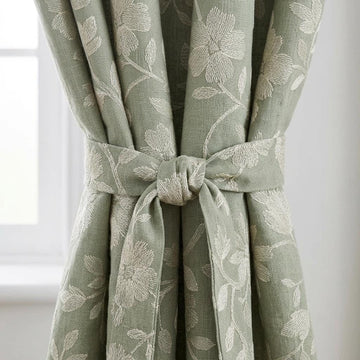 Sage Green Linen Curtains, Ivory Floral Embroidered Drapes, Custom Blackout Cafe Kitchen Living Room Panels — image 1
