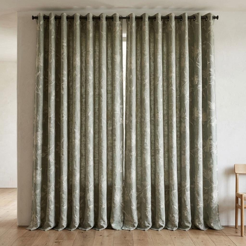 Sage Green Linen Curtains, Ivory Floral Embroidered Drapes, Custom Blackout Cafe Kitchen Living Room Panels — image 10