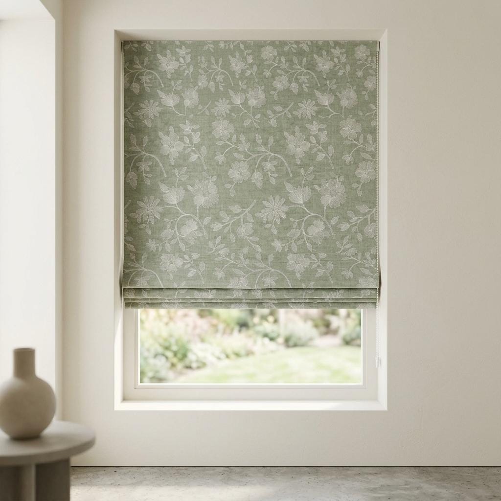 Custom Roman Shades, Sage Green Linen Roman Blind, Ivory Floral Embroidered Window Treatment, Blackout or Cotton Lined — image 4