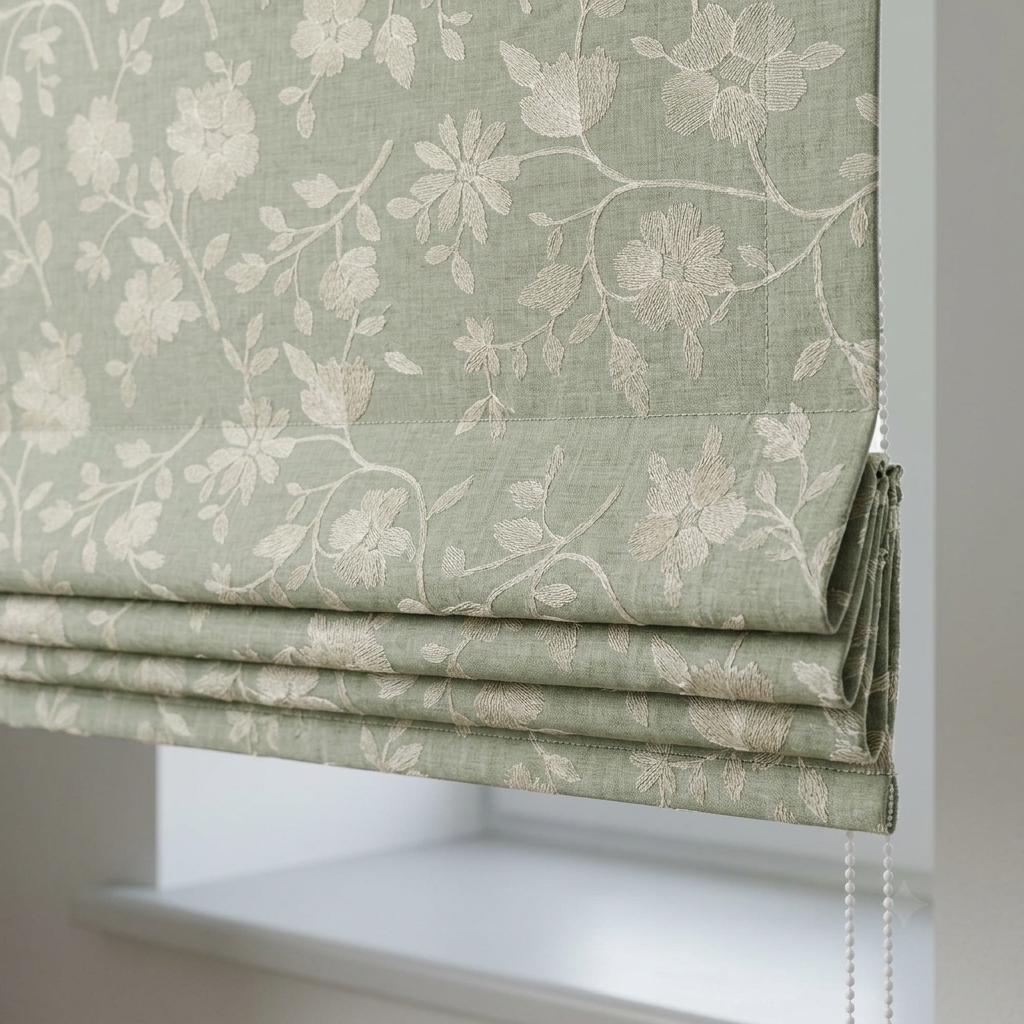 Custom Roman Shades, Sage Green Linen Roman Blind, Ivory Floral Embroidered Window Treatment, Blackout or Cotton Lined — image 3