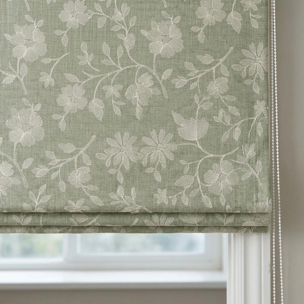 Custom Roman Shades, Sage Green Linen Roman Blind, Ivory Floral Embroidered Window Treatment, Blackout or Cotton Lined — image 6