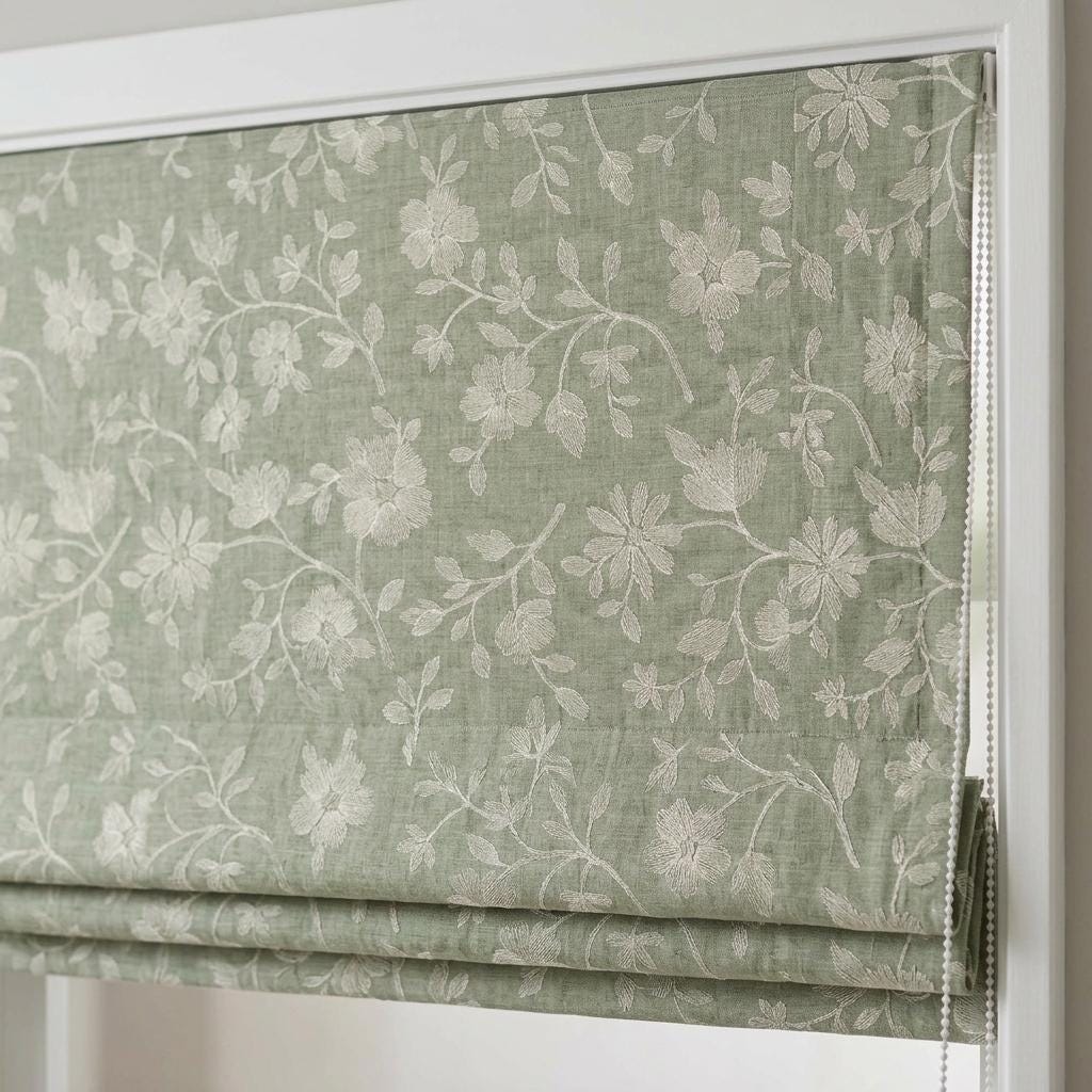 Custom Roman Shades, Sage Green Linen Roman Blind, Ivory Floral Embroidered Window Treatment, Blackout or Cotton Lined — image 7