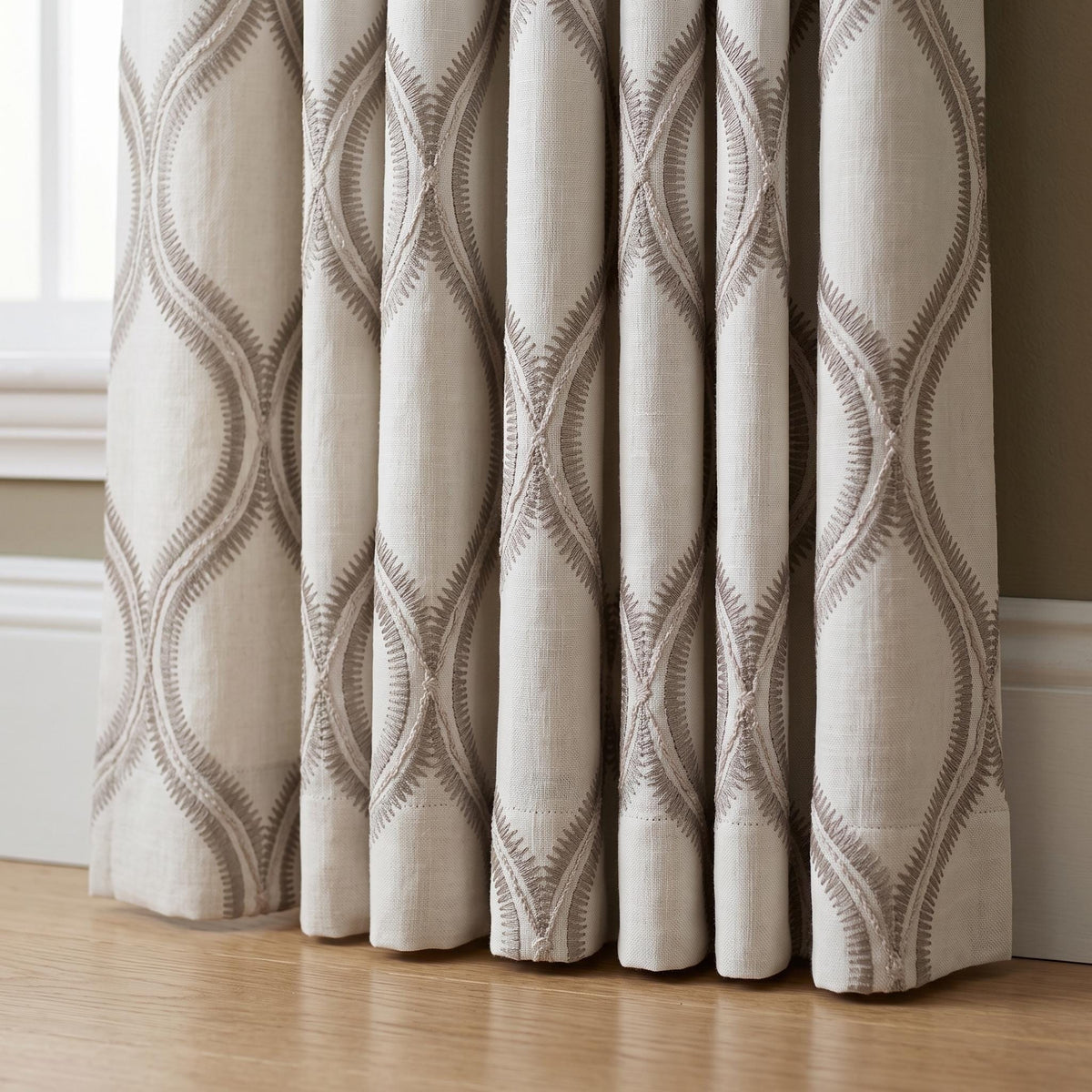 Off White Heavy Linen Curtains, Gray Embroidered Trellis Drapes, Custom Blackout Curtain Panels — image 4