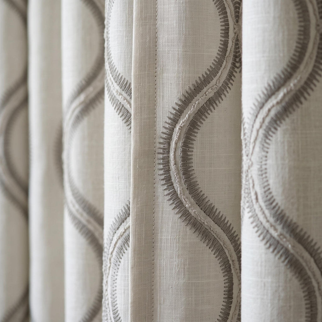 Off White Heavy Linen Curtains, Gray Embroidered Trellis Drapes, Custom Blackout Curtain Panels — image 1