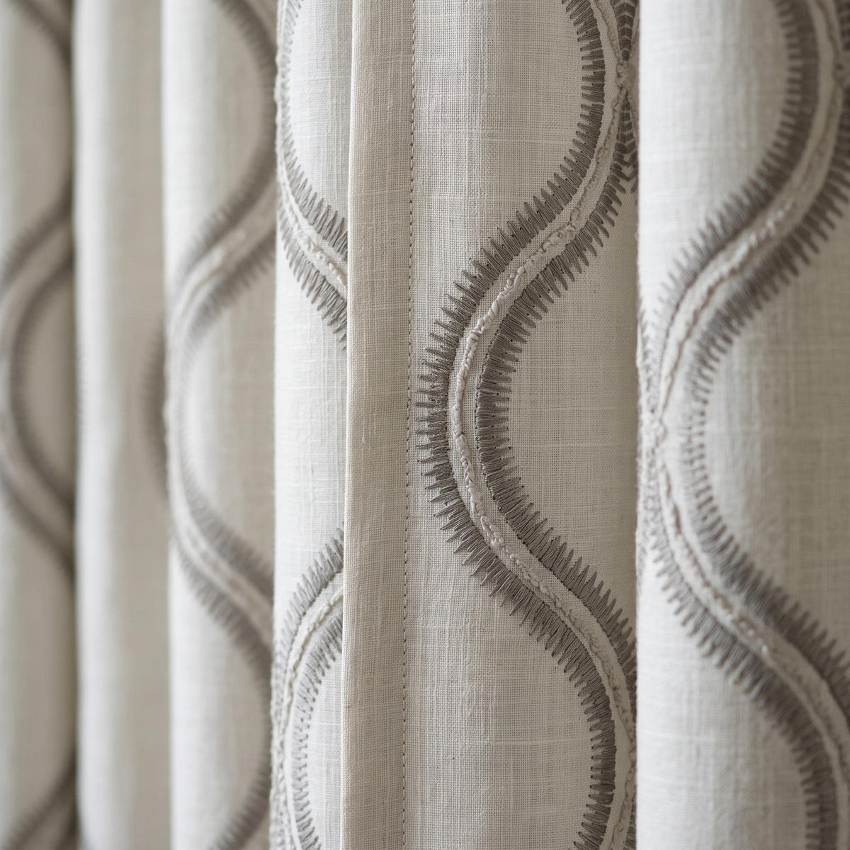 Off White Heavy Linen Curtains, Gray Embroidered Trellis Drapes, Custom Blackout Curtain Panels — image 1