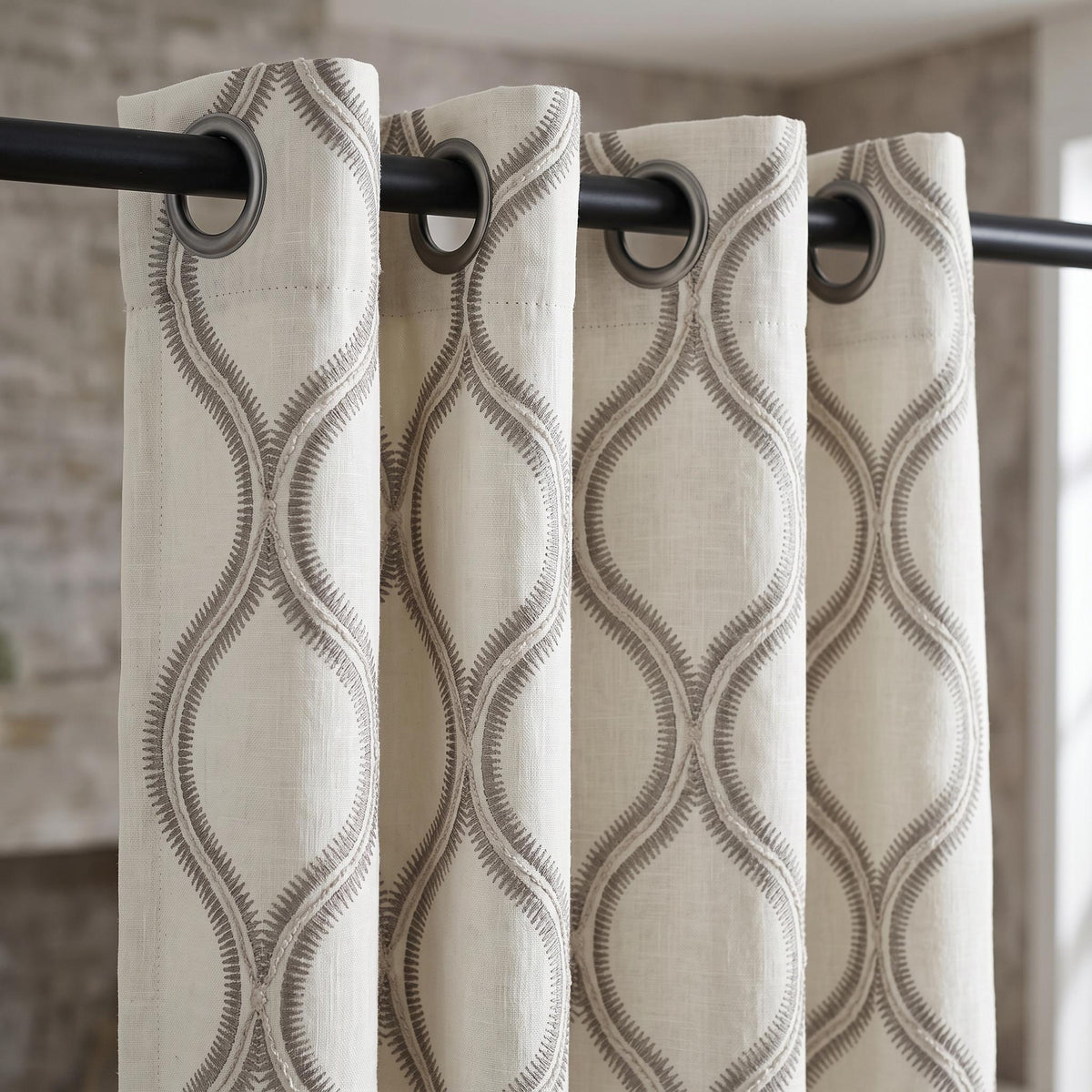 Off White Heavy Linen Curtains, Gray Embroidered Trellis Drapes, Custom Blackout Curtain Panels — image 8