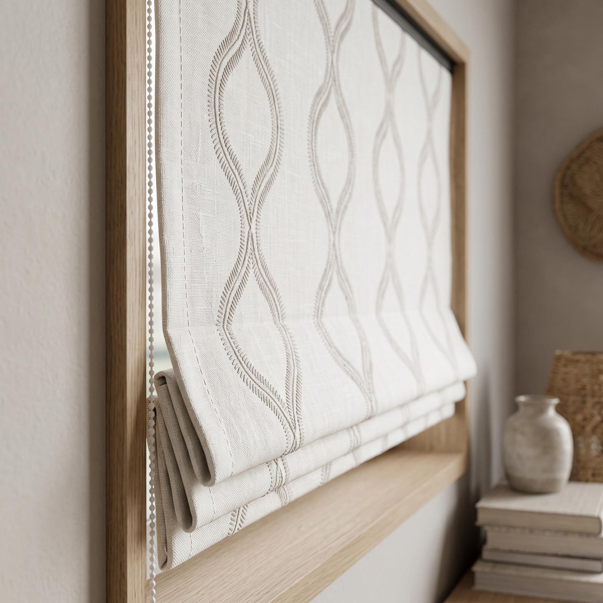 Off White Linen Roman Shade, Gray Embroidered Geometric Vine Blind, Custom Blackout Corded Window Shade — image 3