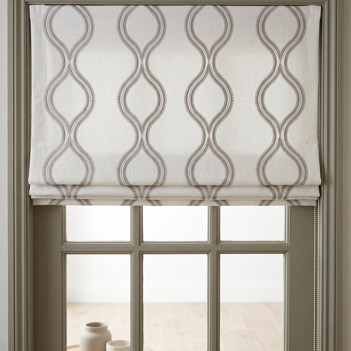 Off White Linen Roman Shade, Gray Embroidered Geometric Vine Blind, Custom Blackout Corded Window Shade — image 9