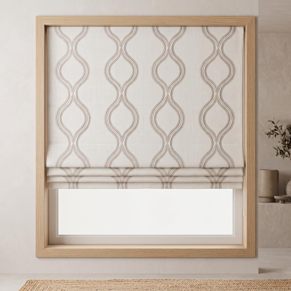 Off White Linen Roman Shade, Gray Embroidered Geometric Vine Blind, Custom Blackout Corded Window Shade — image 6