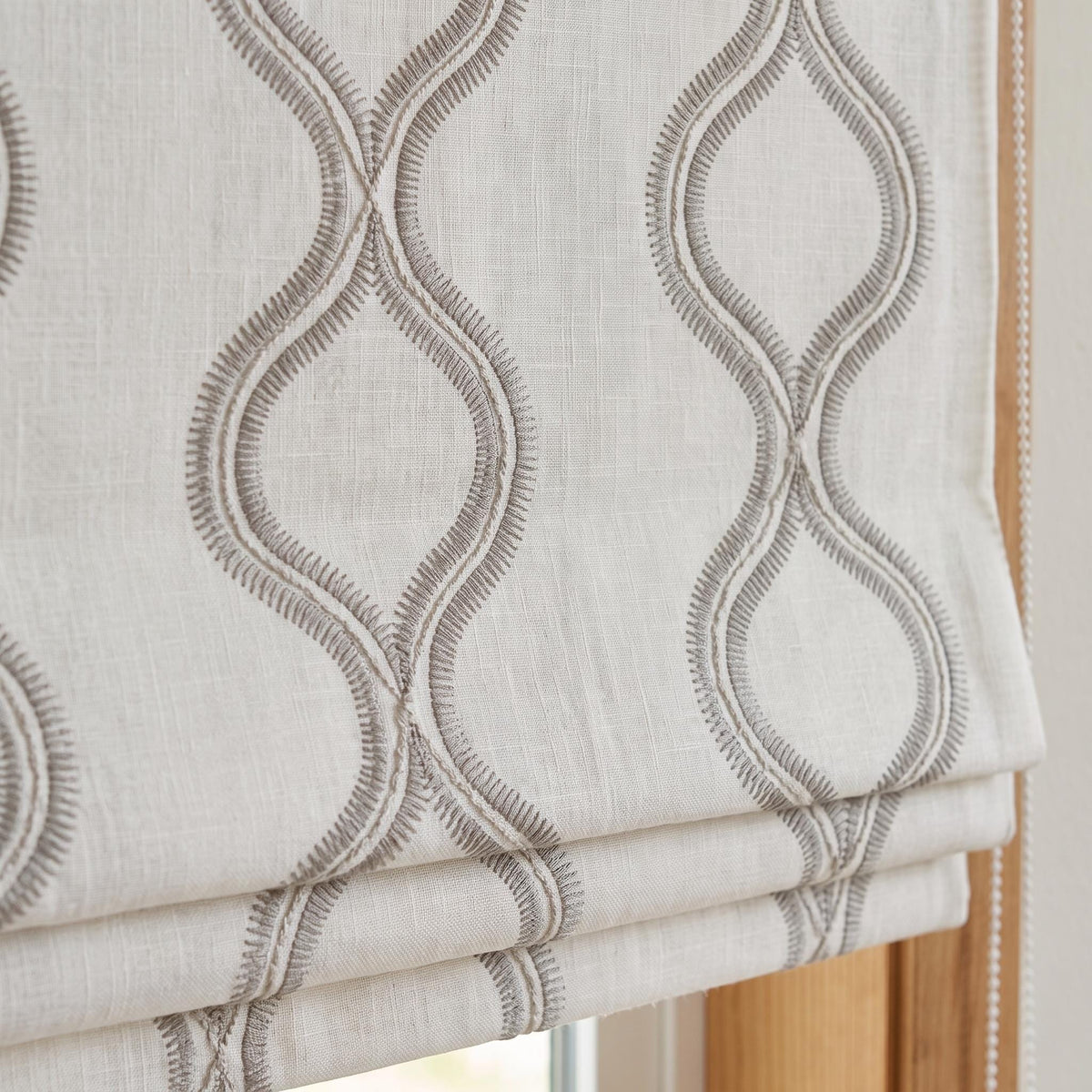 Off White Linen Roman Shade, Gray Embroidered Geometric Vine Blind, Custom Blackout Corded Window Shade — image 1