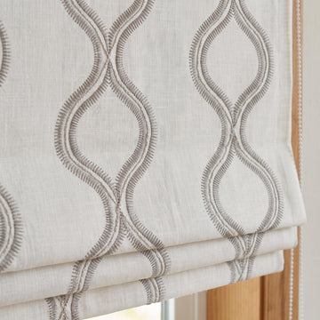 Off White Linen Roman Shade, Gray Embroidered Geometric Vine Blind, Custom Blackout Corded Window Shade — image 1
