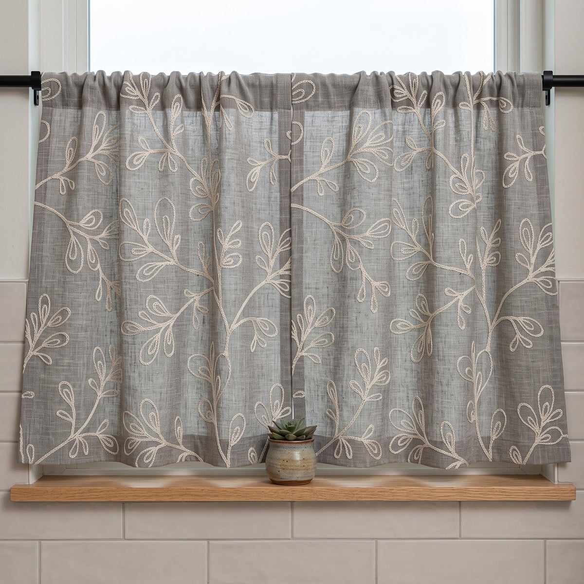 Gray Linen Embroidered Curtains, White Botanical Vine Drapes, Custom Blackout Floral Linen Curtains, Cafe Curtain Panels — image 7