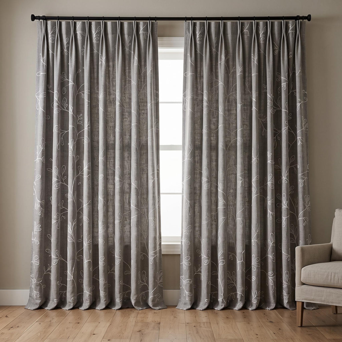 Gray Linen Embroidered Curtains, White Botanical Vine Drapes, Custom Blackout Floral Linen Curtains, Cafe Curtain Panels — image 4
