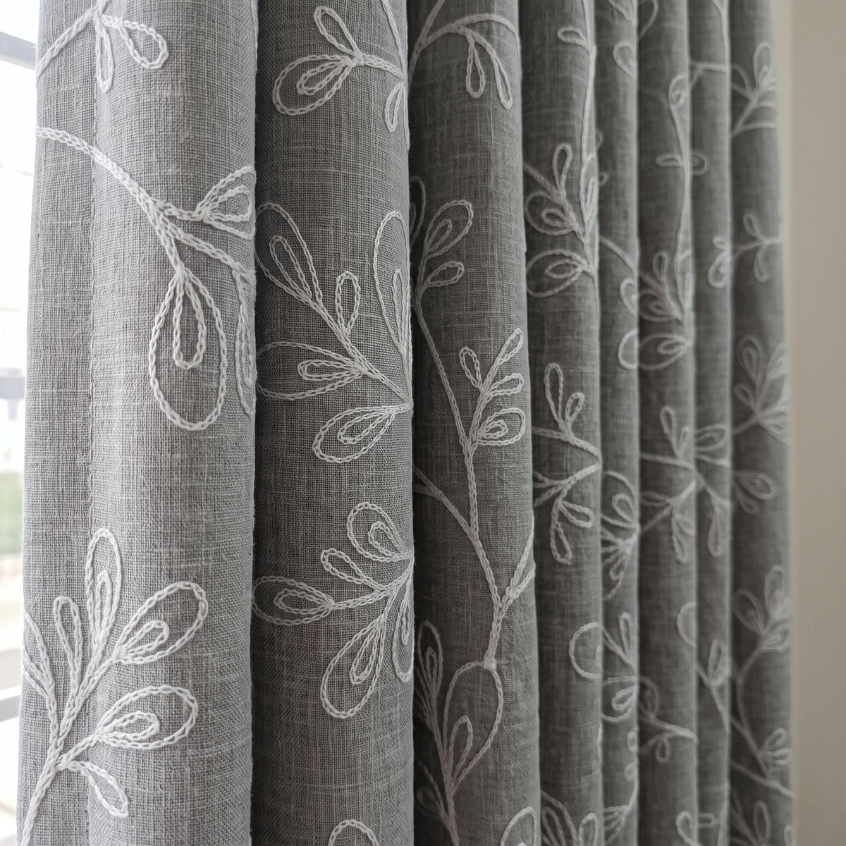 Gray Linen Embroidered Curtains, White Botanical Vine Drapes, Custom Blackout Floral Linen Curtains, Cafe Curtain Panels — image 5