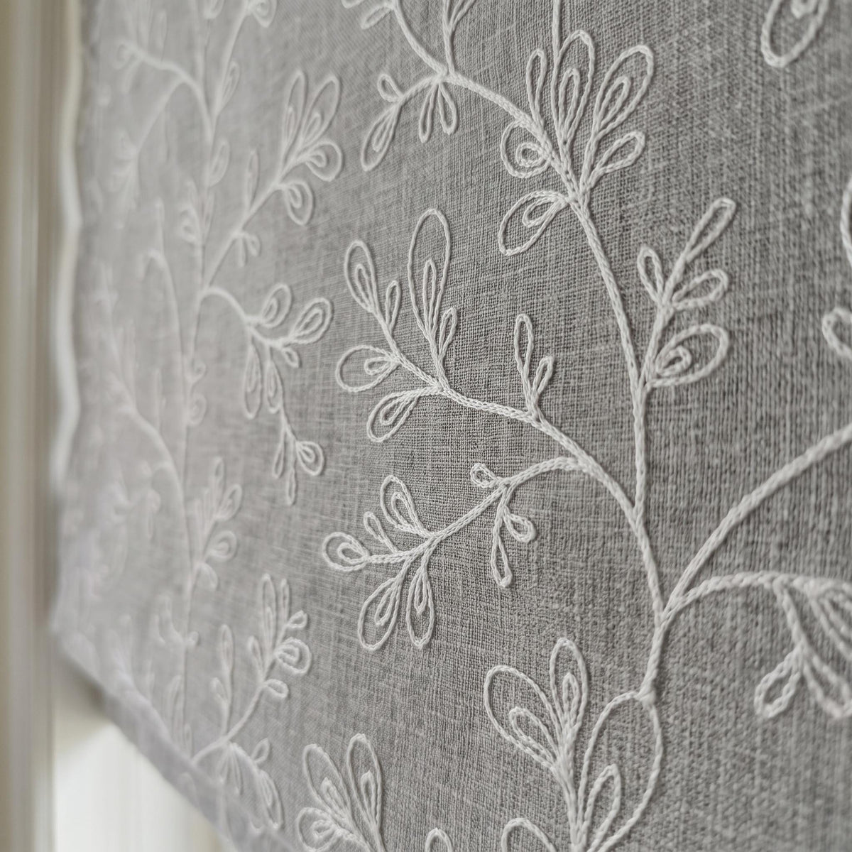 Grey Linen Roman Shade, Gray Embroidered Geometric Vine Blind, Custom Blackout Corded Window Shade — image 8