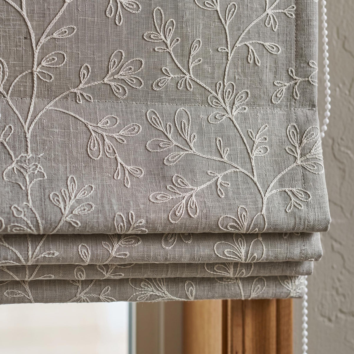 Grey Linen Roman Shade, Gray Embroidered Geometric Vine Blind, Custom Blackout Corded Window Shade — image 10