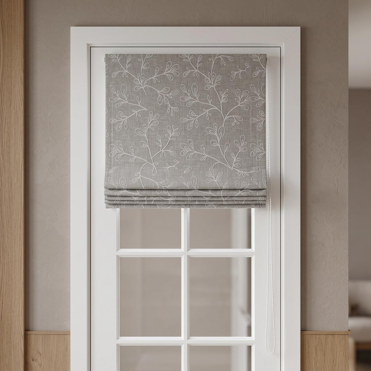 Grey Linen Roman Shade, Gray Embroidered Geometric Vine Blind, Custom Blackout Corded Window Shade — image 5
