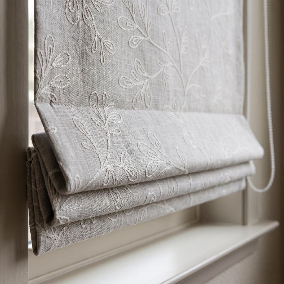 Grey Linen Roman Shade, Gray Embroidered Geometric Vine Blind, Custom Blackout Corded Window Shade — image 6