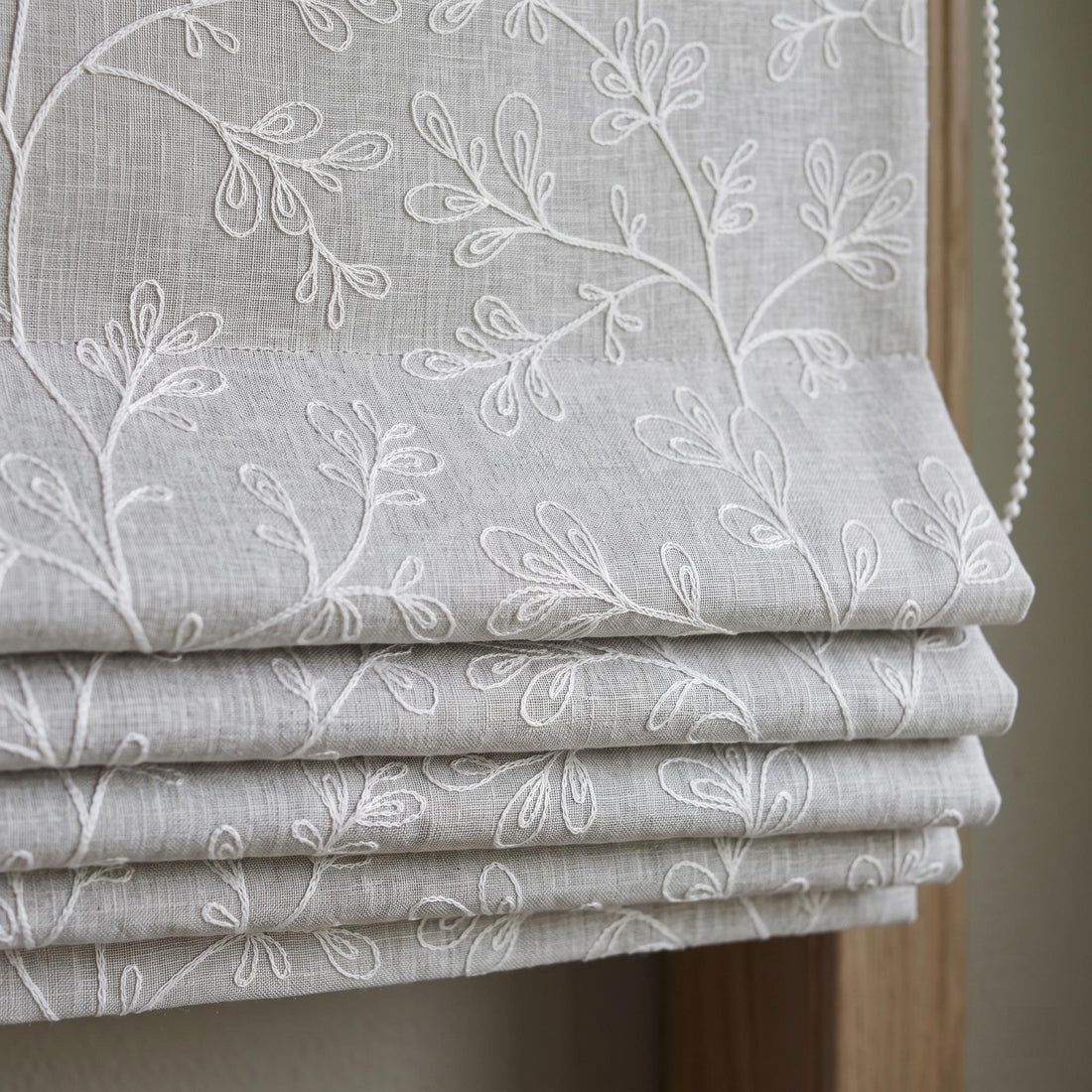 Grey Linen Roman Shade, Gray Embroidered Geometric Vine Blind, Custom Blackout Corded Window Shade — image 1