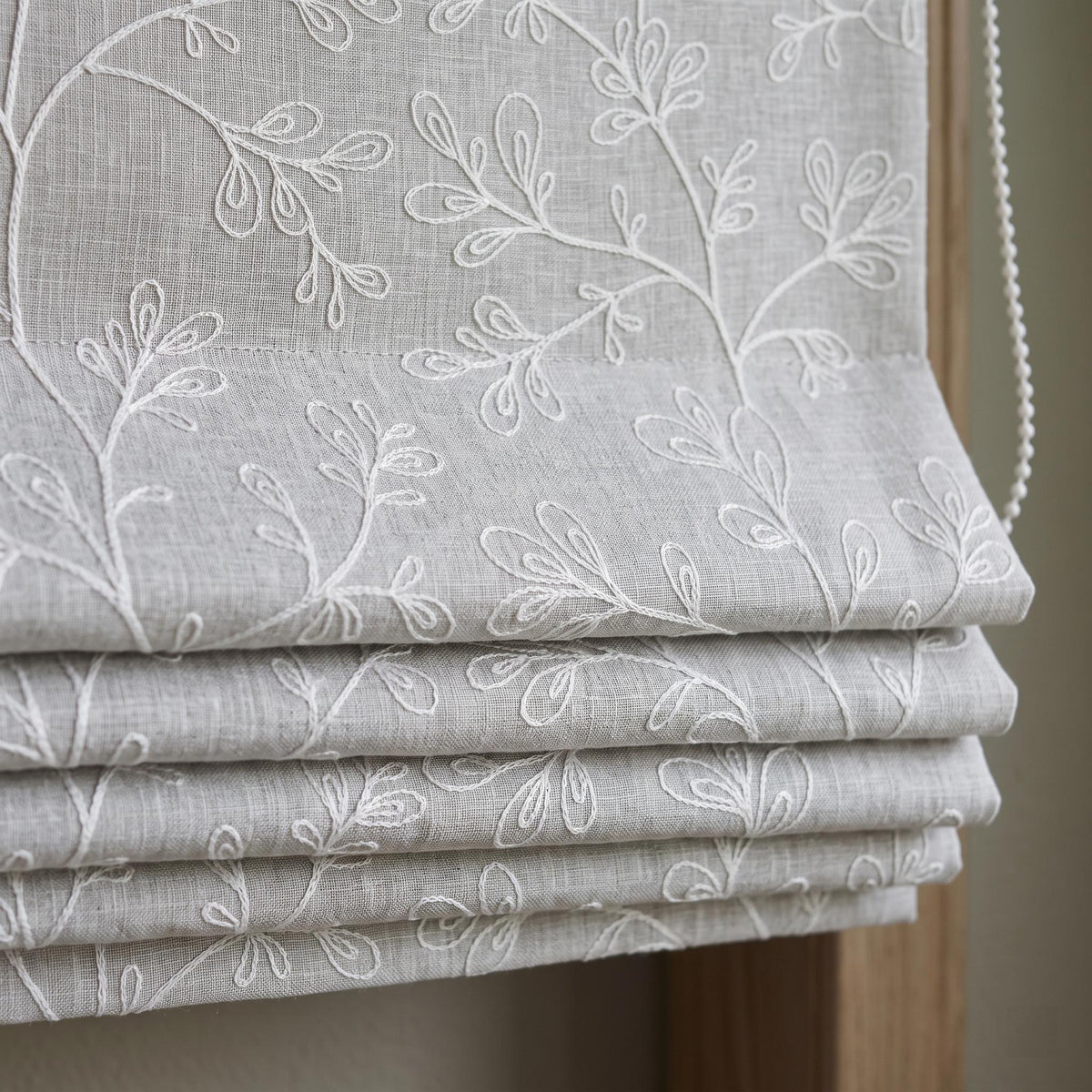 Grey Linen Roman Shade, Gray Embroidered Geometric Vine Blind, Custom Blackout Corded Window Shade — image 2