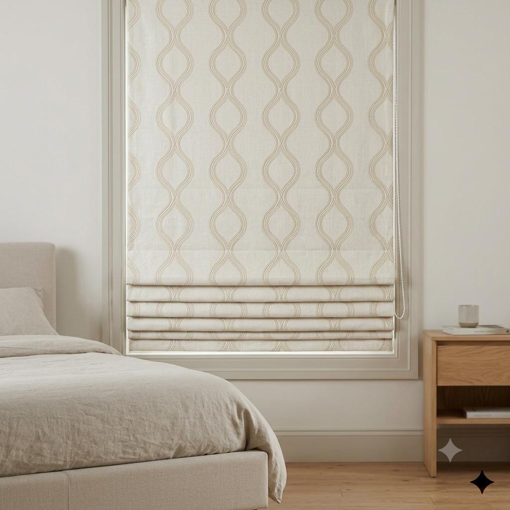Off White Linen Roman Shade, Ivory Embroidered Ogee Trellis Blind, Custom Blackout Corded Window Treatment — image 7