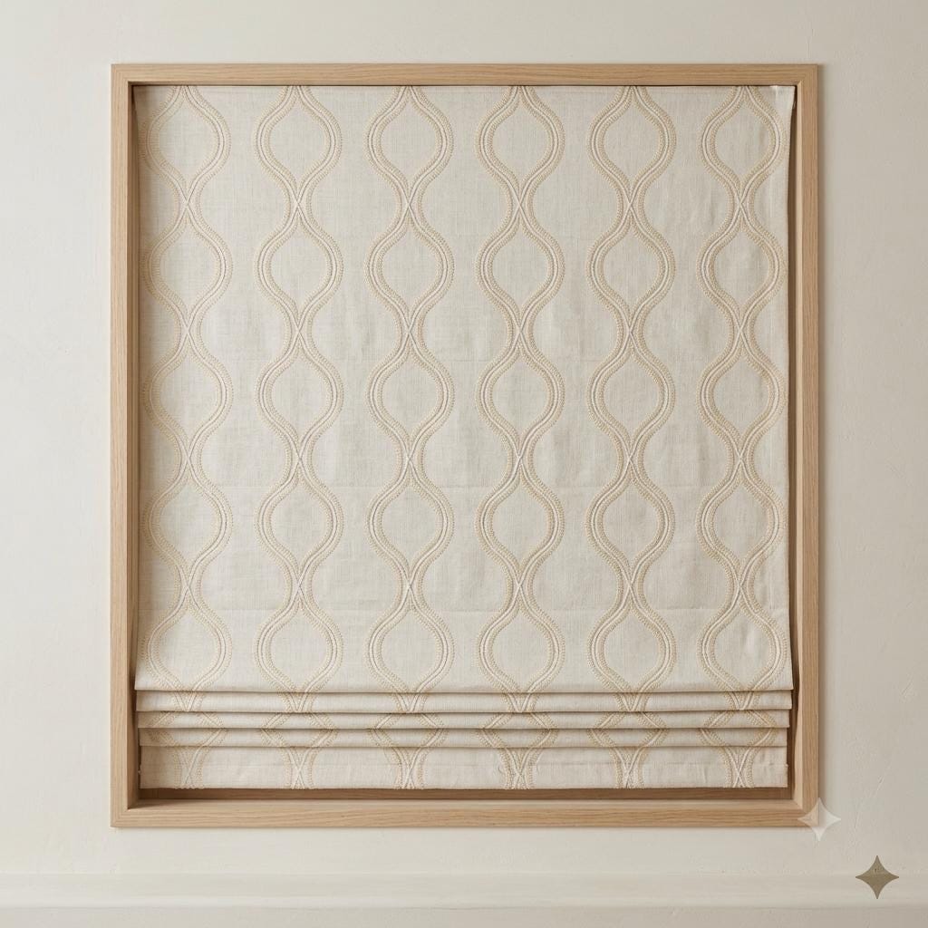 Off White Linen Roman Shade, Ivory Embroidered Ogee Trellis Blind, Custom Blackout Corded Window Treatment — image 8