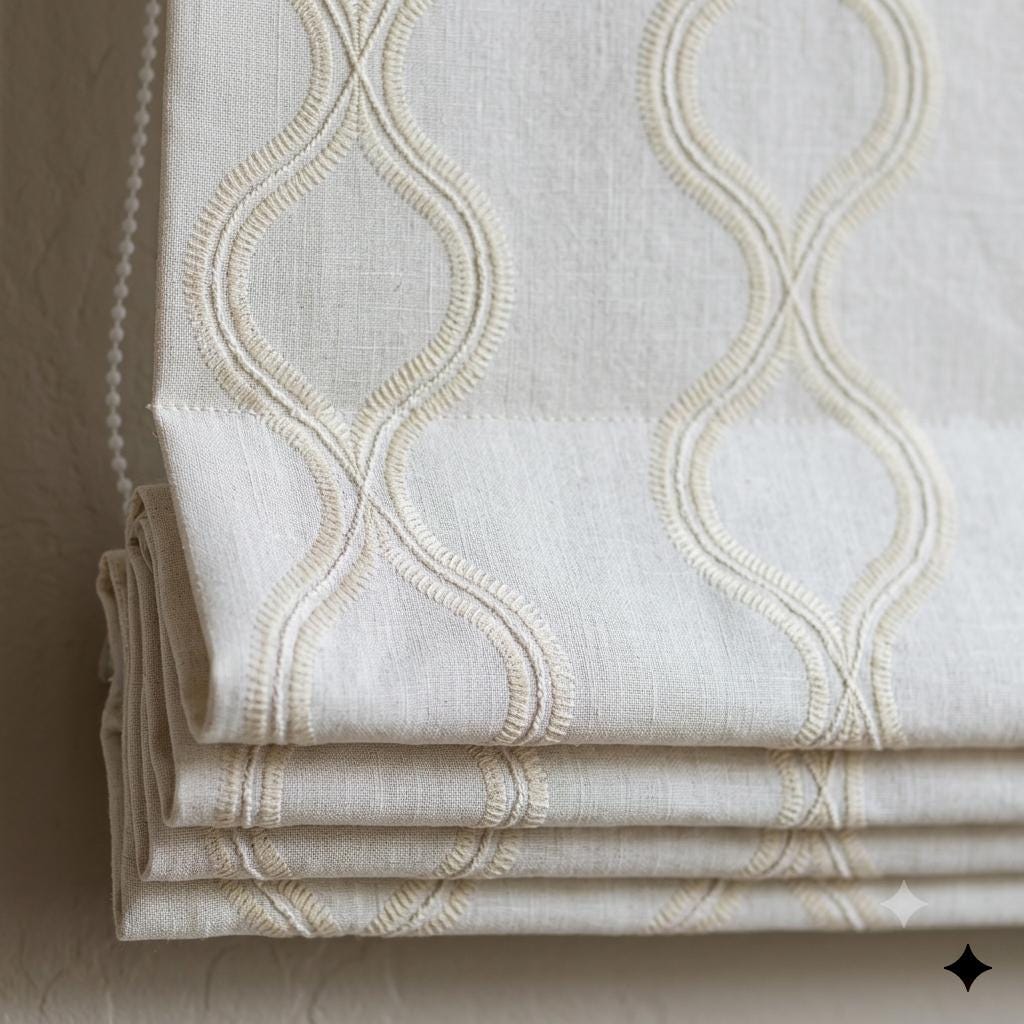 Off White Linen Roman Shade, Ivory Embroidered Ogee Trellis Blind, Custom Blackout Corded Window Treatment — image 1