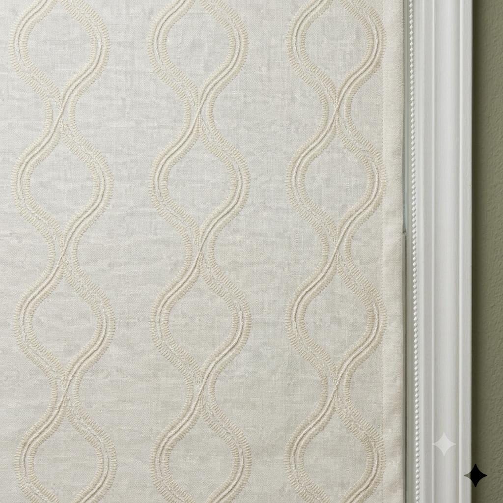 Off White Linen Roman Shade, Ivory Embroidered Ogee Trellis Blind, Custom Blackout Corded Window Treatment — image 10